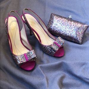 Kate Spade Glitter Bow Slingback Heels with Clutch